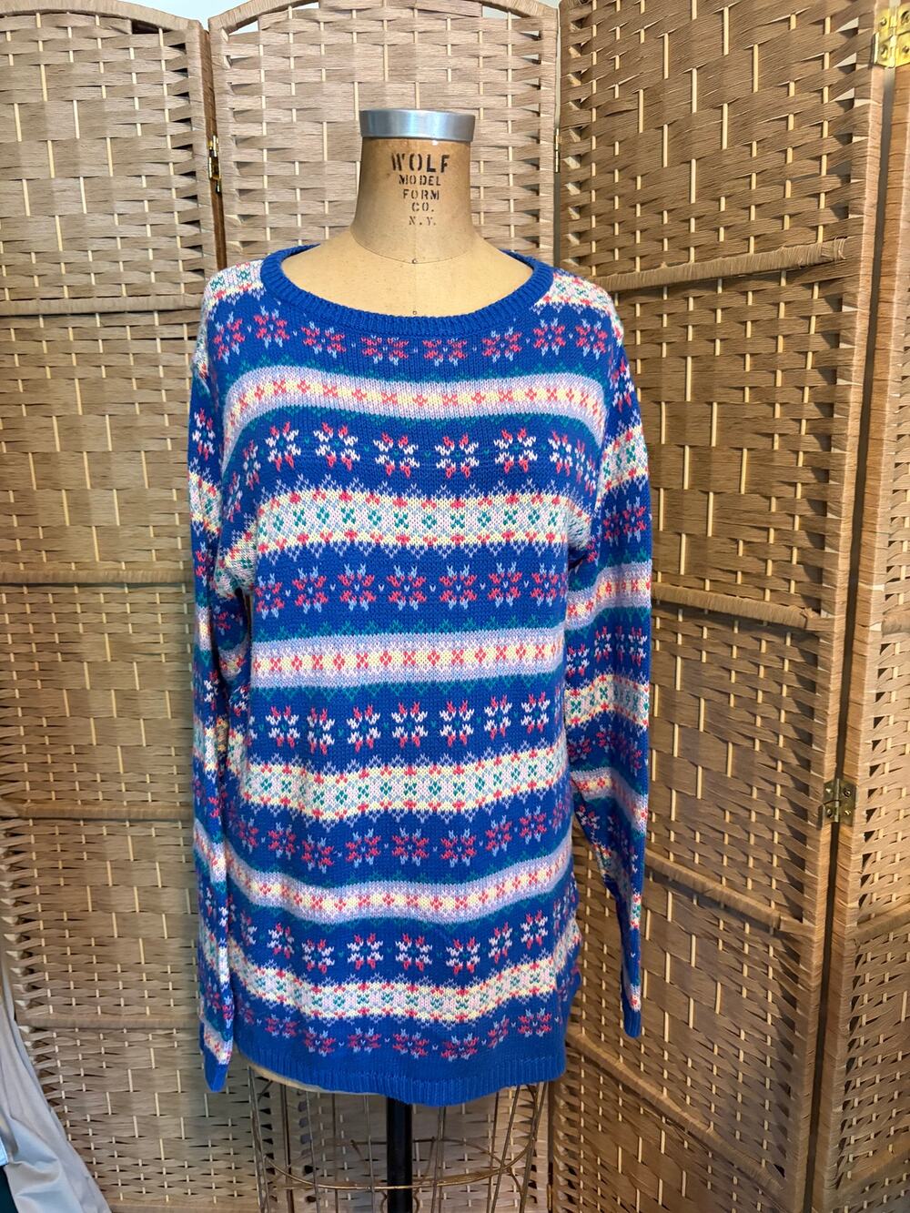 Vintage Laura Ashley Womens M/L Blue Fair Isle Cotton Tunic Sweater Scotland